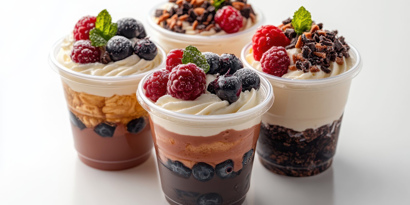 Delicious dessert cups featuring layers of chocolate, berries, and cream served on a white background